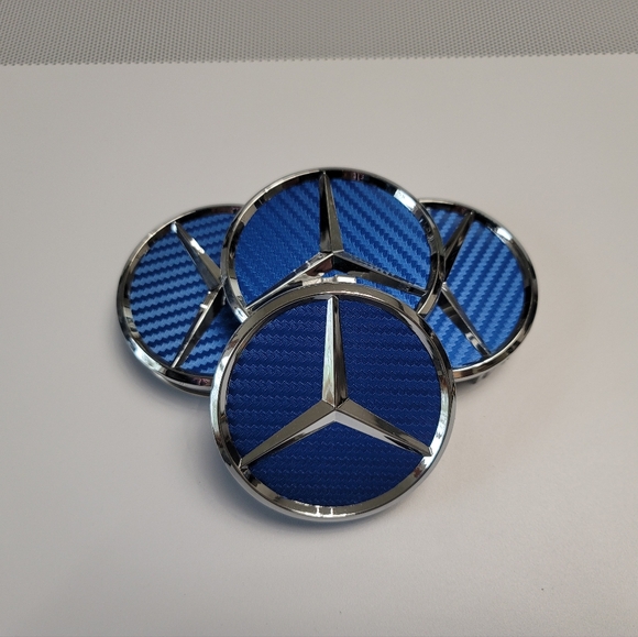 4 Blue Carbon Fiber WHEEL CENTER HUB CAPS EMBLEM FITS MERCEDES BENZ 75MM/3INCH - Picture 1 of 5